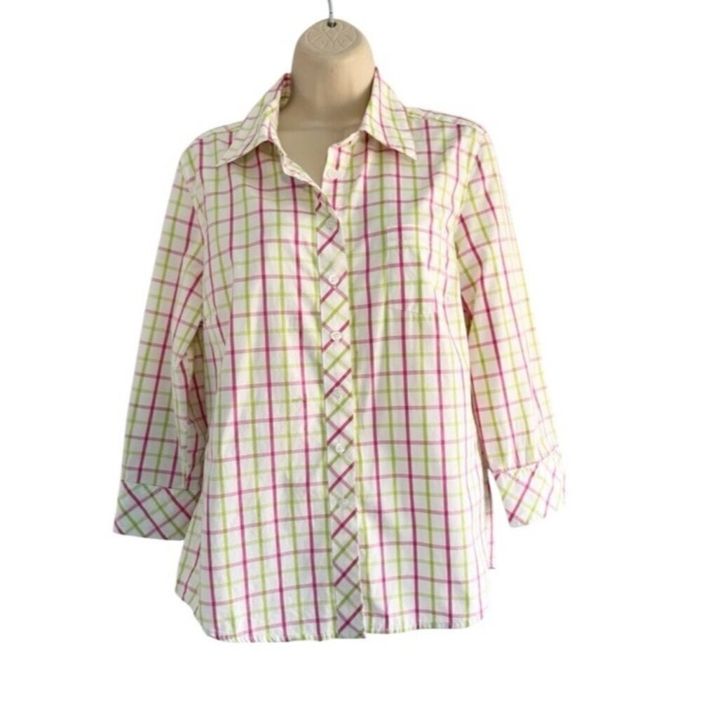 Lilly Pulitzer Women's Sz 8 Pink Green Plaid 3/4 Sleeve Button Up Shirt Top